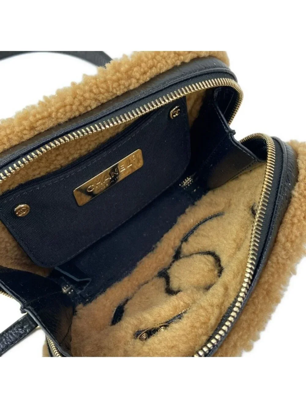 Chanel Waist Pouch CC Mania Black Light Brown Gold CC Logo Shearling